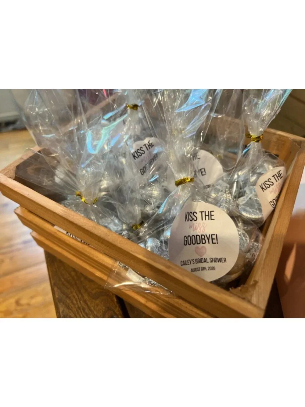 Kiss The Miss Goodbye Bridal Shower Favors - Clear Cellophane Bags With Gold Twi